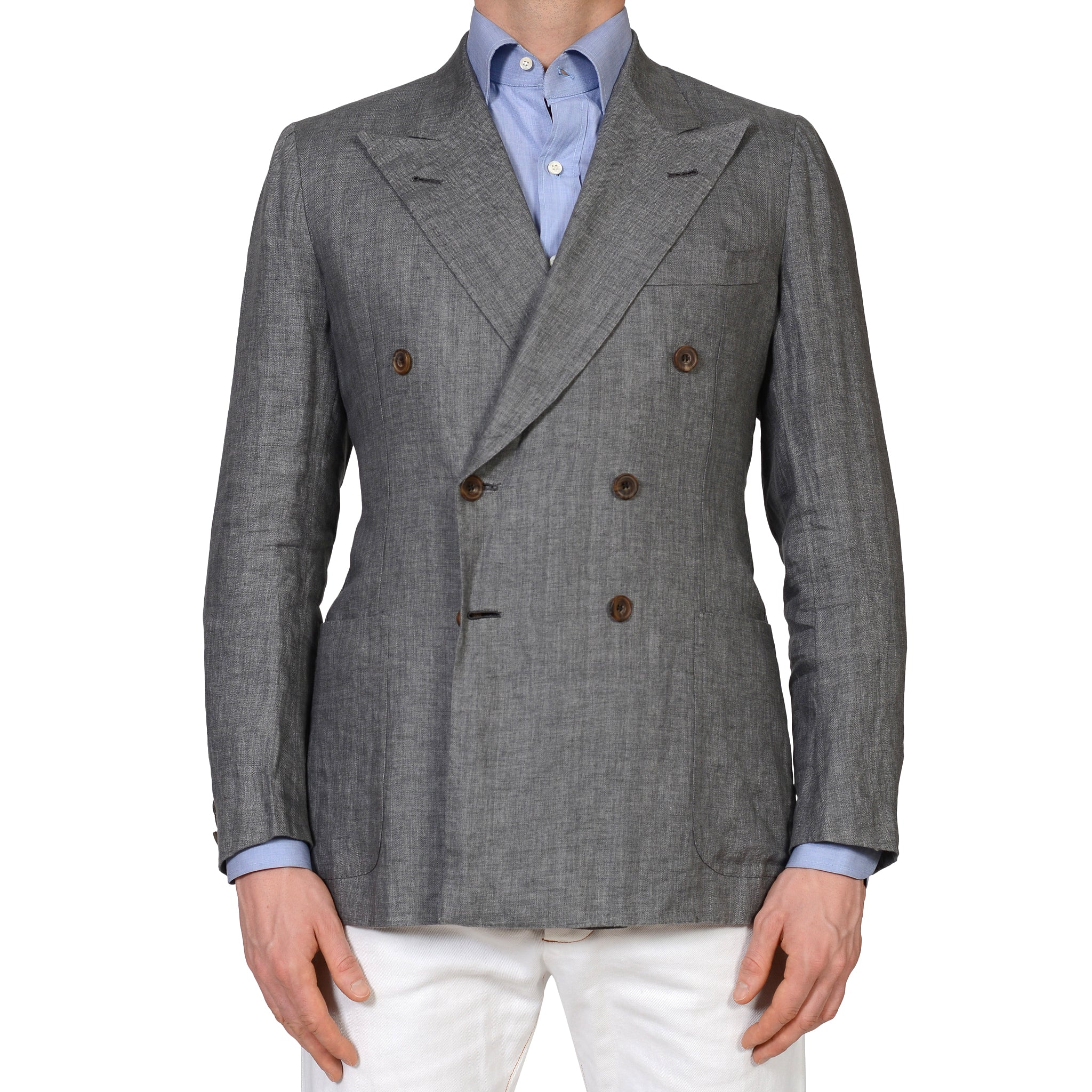 RUBINACCI Bespoke Gray Herringbone Linen Silk DB Blazer Jacket EU 50 U