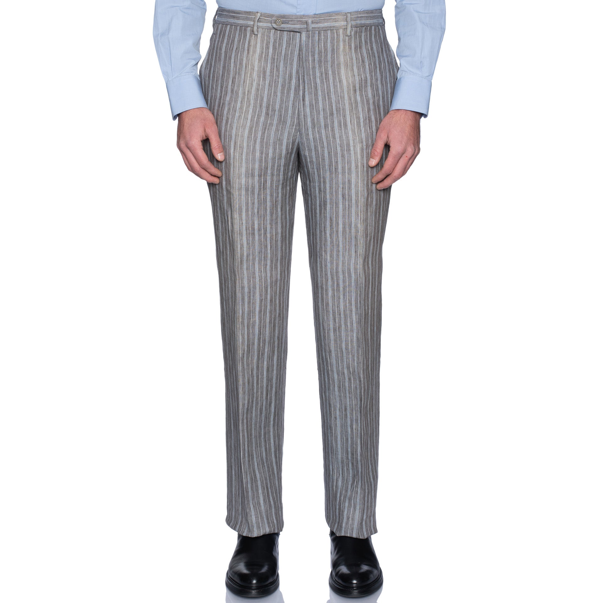 SARTORIA CASTANGIA Gray Striped Linen Flat Front Dress Pants EU 56 NEW US 40 CASTANGIA
