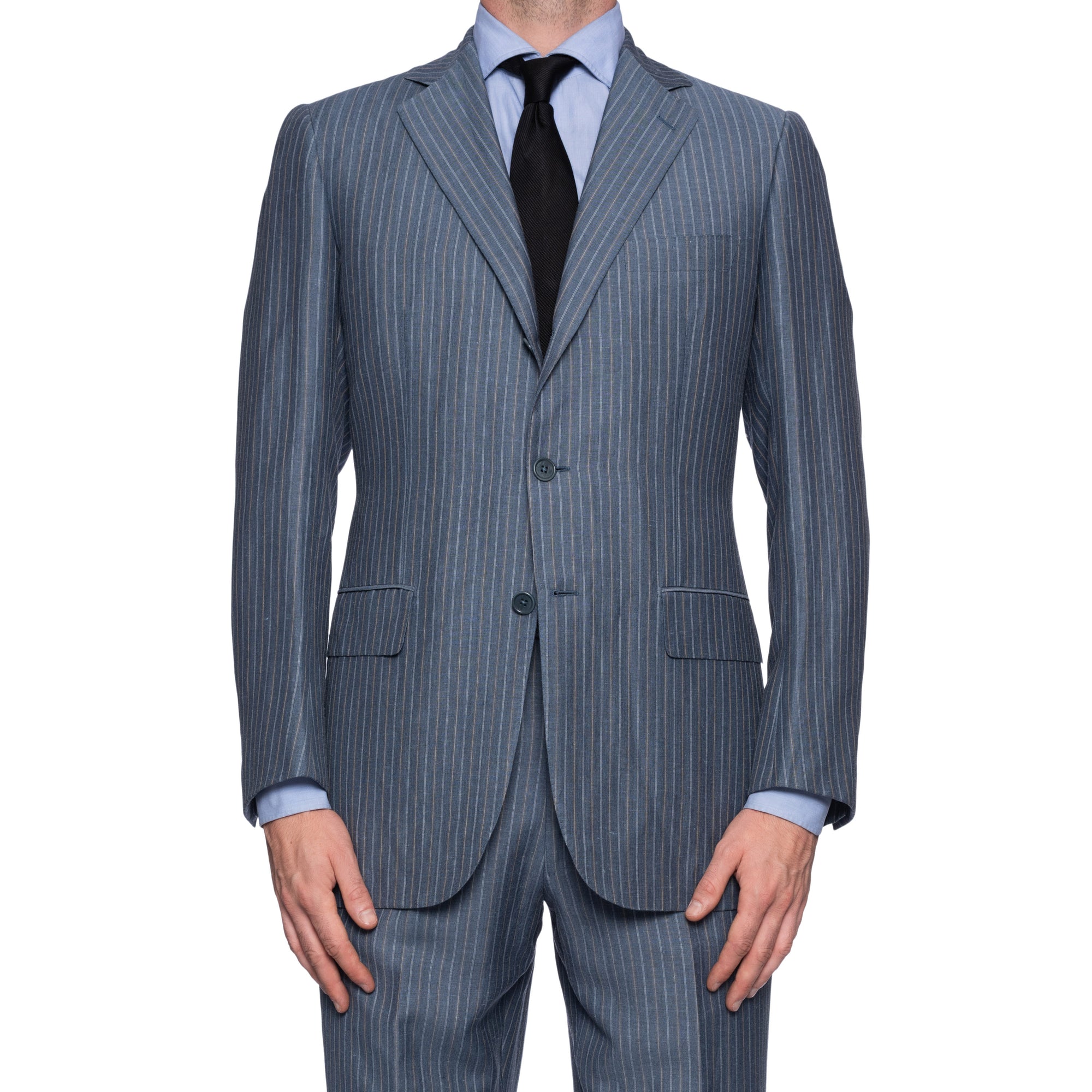 SARTORIA CASTANGIA HandMade Steel Blue Striped Wool-Linen Suit NEW