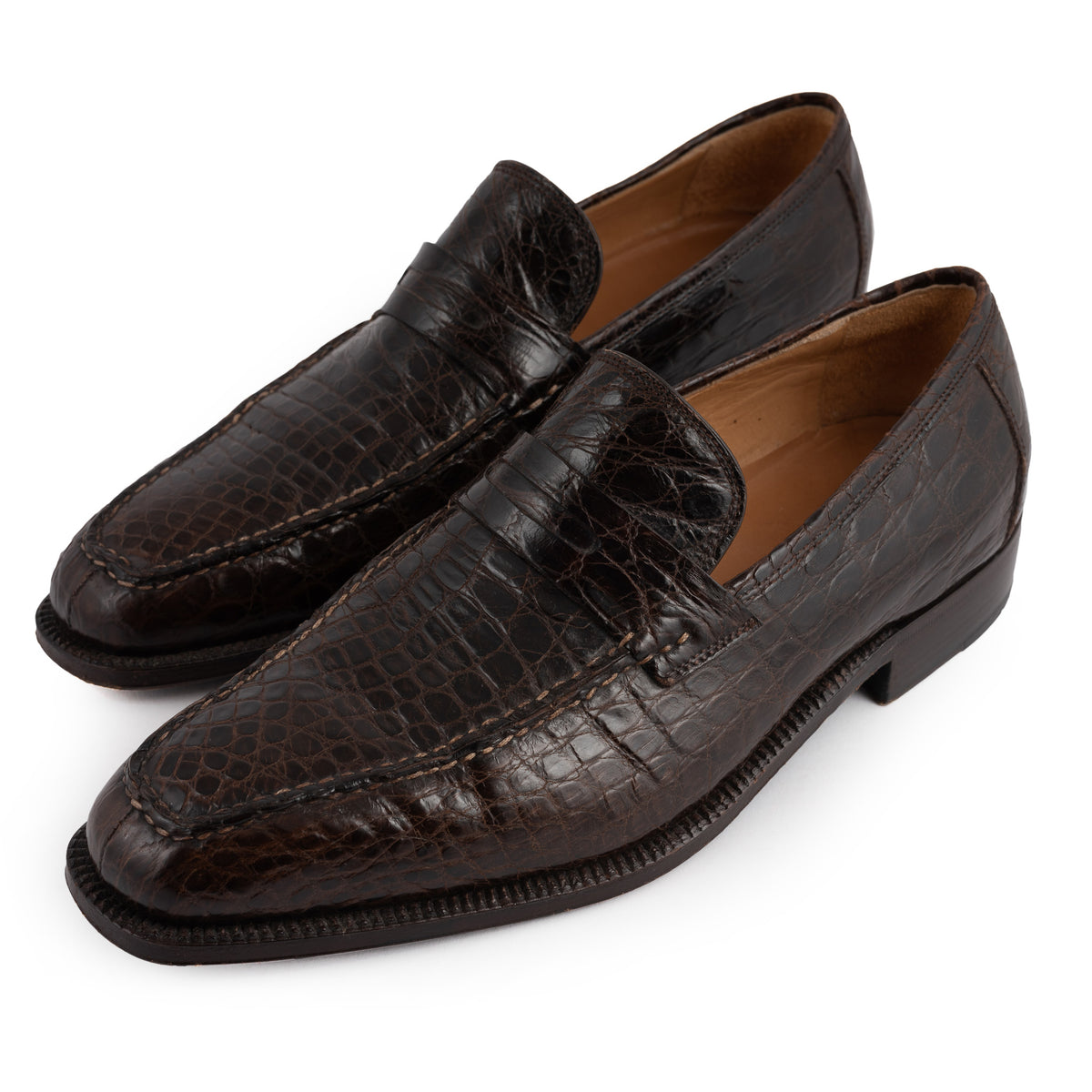 SUTOR MANTELLASSI Handmade Brown Crocodile Leather Penny Loafer Shoes
