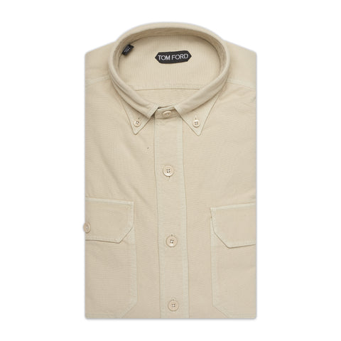 TOM FORD Solid Beige Cotton Button-Down Military Casual Shirt 39 NEW US 15.5