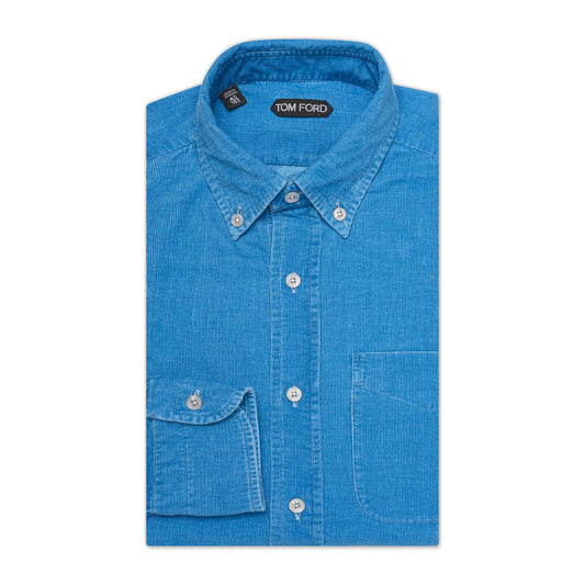 TOM FORD Solid Blue Corduroy Cotton Button-Down Casual Shirt NEW Slim Fit