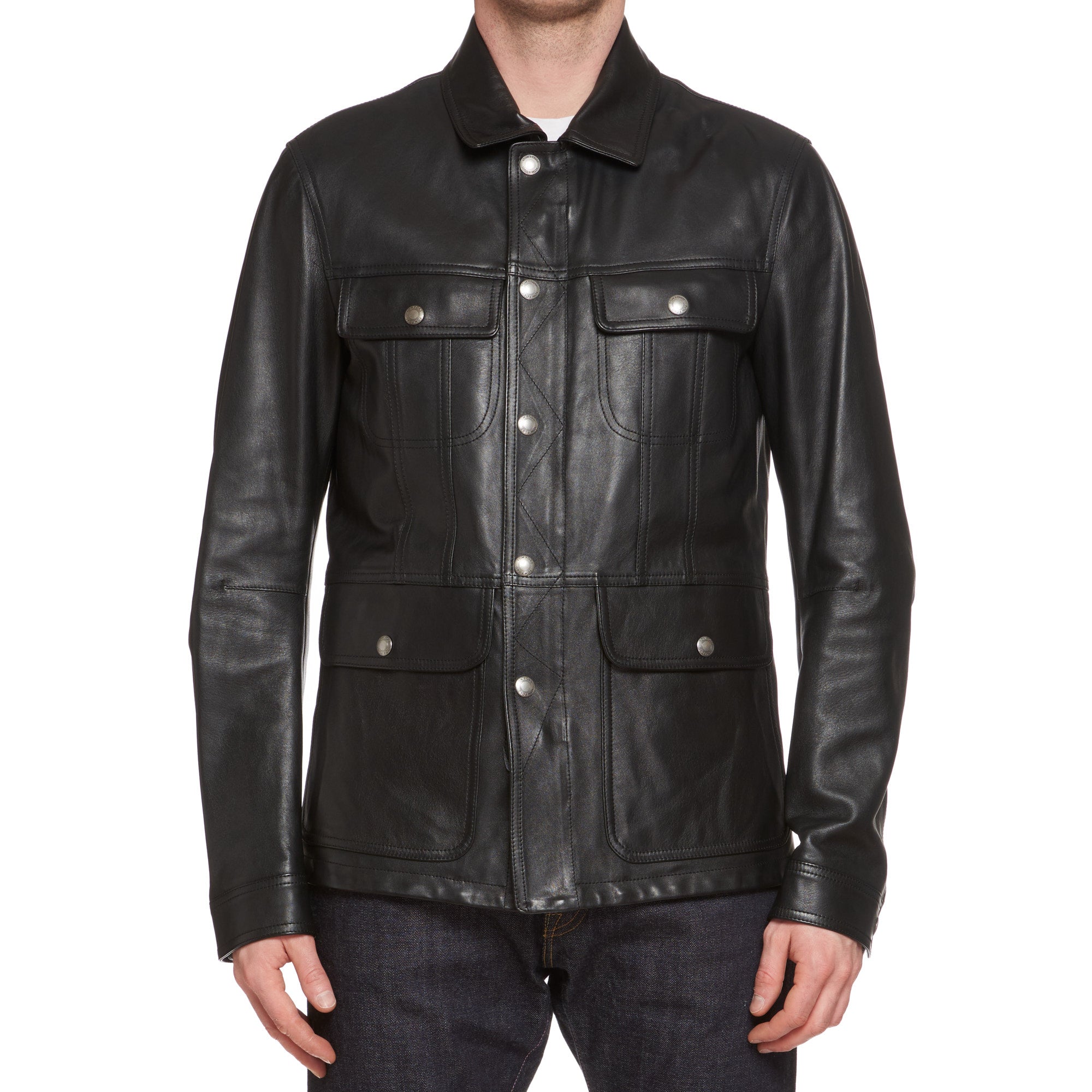 TOM FORD Black Smooth Grain Calf Leather Trucker Jacket NEW US L TOM FORD